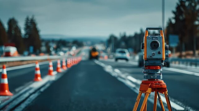 Precise surveying instrument on a tripod capturing data on an asphalt road with safety cones and blurred background with construction vehicles and trucks