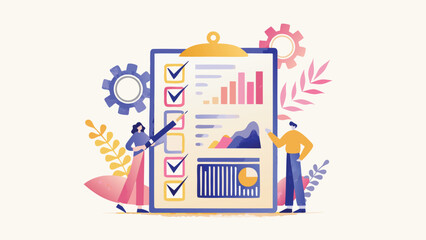 Business team collaborating on data analysis and strategy planning with checklist