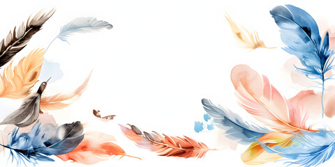 Watercolor Feathers Border on White Background with Central Copy Space