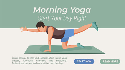 Morning yoga web banner with man practicing balance exercise on mat. Flat vector illustration for fitness websites, yoga apps, wellness platforms and online workouts.