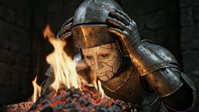 Cursed knight in armor holds head in pain before approaching glowing fire in dark stone chamber. Dark fantasy warrior with marked face undergoes ritual or torment