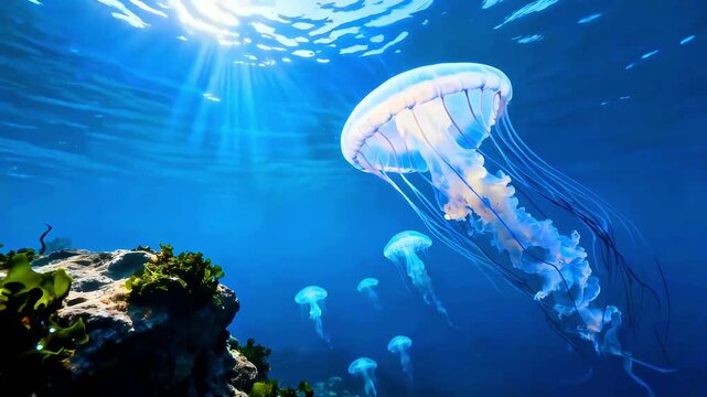 Majestic translucent jellyfish drift gracefully through sunlit deep blue ocean waters near a vibrant coral reef structure