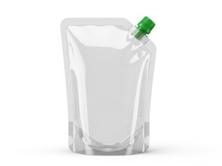 Clear liquid pouch with green spout isolated on white background
