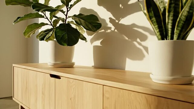 A serene indoor scene featuring a wooden sideboard with two lush potted plants, illuminated by soft sunlight streaming through a large window, creating a peaceful atmosphere