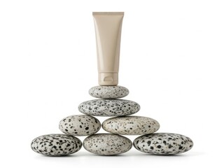 Tube of cream on stacked stones isolated on white background