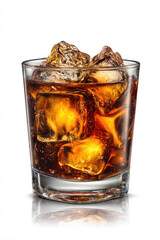  Amber liquor in glass with ice cubes  