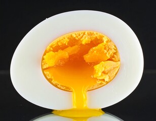 Half of a perfectly cooked egg, revealing a soft, runny yolk against a dark background