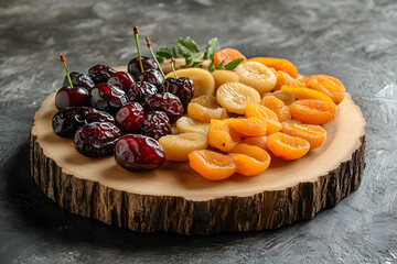 Assorted Dried Fruits with Apricots and Dates on Wooden Platter