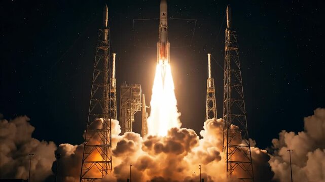 Rocket launching from pad at dusk. Space mission sequence showing ignition flames, ascent through smoke, and upward trajectory. Aerospace exploration concept.