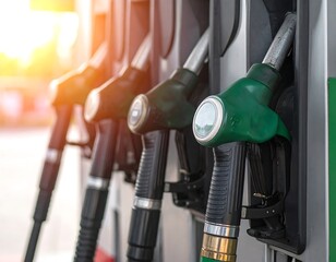 Four fuel nozzles lined up at a gas station, with sunlight filtering in from the left side creating a warm glow