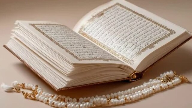 A beautifully detailed close-up shot features an ornate, open book resting on a neutral surface. Its pages display intricate script and decorative borders, suggesting ancient wisdom, tradition, and pr