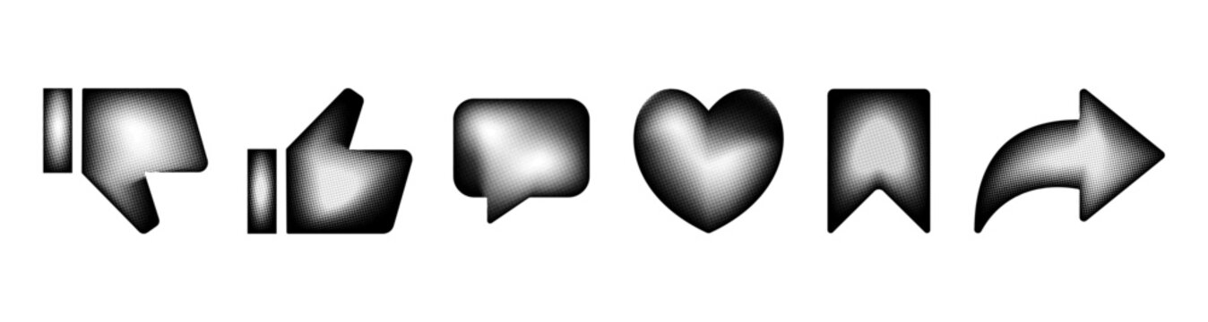 Social media interface halftone icon set. Like, dislike, unlike, thumb, comment, love, save, bookmark, share, forward, message sign symbol. Transparent vector illustration