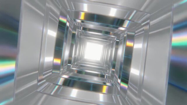 Abstract glowing tunnel with iridescent light reflecting off metallic surfaces