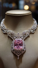 Luxury necklace with pink gemstone on display bust  