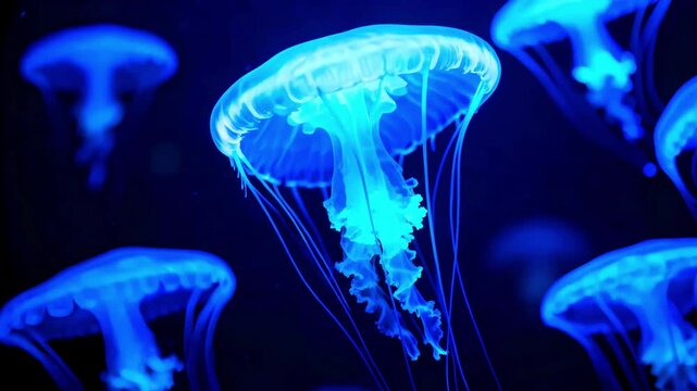 Several glowing blue jellyfish drift gracefully through the deep dark ocean water creating a mesmerizing underwater spectacle for viewers