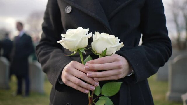 A woman holding white roses at a cemetery during a memorial visit