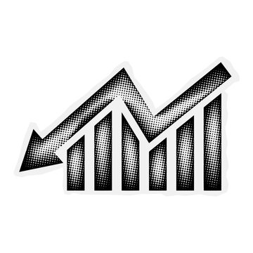 Halftone business loss bar, down chart icon sticker with dotted pattern, downward, and arrow moving down icon image. Transparent PNG background