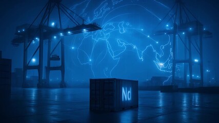 Rare earth element Nd glowing on container in futuristic global shipping port with cranes and digital world map network connections showing international shipping logistics at night - Powered by Adobe