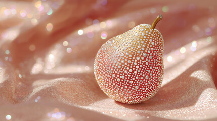 Pearling Perfection: A singular pear is adorned with shimmering, pearl-like embellishments against a soft, blushed background. Evoking feelings of opulence and elegance.