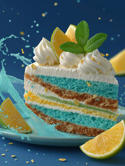 Cake Slice Delight: A mouthwatering slice of layered cake adorned with fresh citrus, fluffy cream, and vibrant colors. The cake's appearance is enhanced by a refreshing splash of vibrant juice.