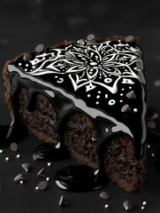 Decadent Slice: A luscious slice of chocolate cake is adorned with elegant patterns and rich chocolate drizzle, creating a visual feast.