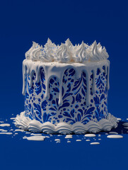 Artistic Cake: A visually stunning cake, decorated with a unique blue and white floral design, topped with elegant white icing, stands against a matching blue backdrop, celebrating the art of pastry.