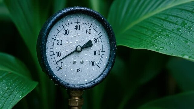 Pressure gauge with water droplets on dial and surface surrounded by green leaves showing clear measurement in psi symbolizing moisture and environmental monitoring in natural outdoor setting
