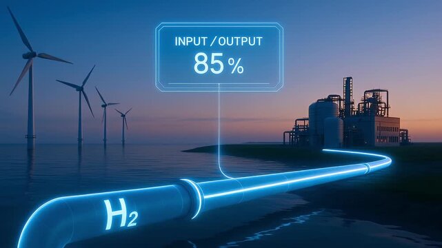 Hydrogen pipeline glowing blue lines near industrial plant and wind turbines at dusk illustrating clean energy sustainable technology with 85 percent input output efficiency digital display