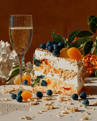 Sweet Celebrations: A festive slice of layered cake adorned with fresh blueberries and apricots, beside a crystal glass of sparkling champagne, capturing the essence of celebration and indulgence.
