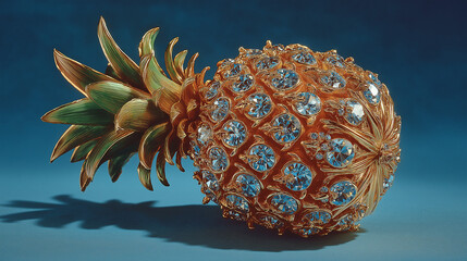 Golden pineapple: A luxurious golden pineapple, adorned with sparkling gemstones, radiates opulence, reflecting a blend of artistry and high value in a stunning studio shot.