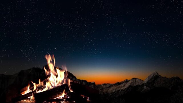 Fireplace with burning wood at night