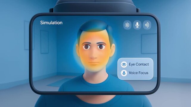 Virtual reality simulation featuring digital avatar with eye contact and voice focus, facial recognition, and heatmap illustrating immersive communication technology and training environment
