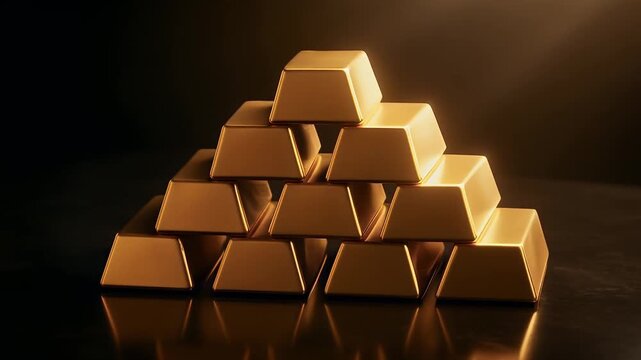 Gold bar stack shiny bullion bars arranged in pyramid shape glowing warmly on reflective dark surface symbolizing wealth luxury metal investment treasure concept