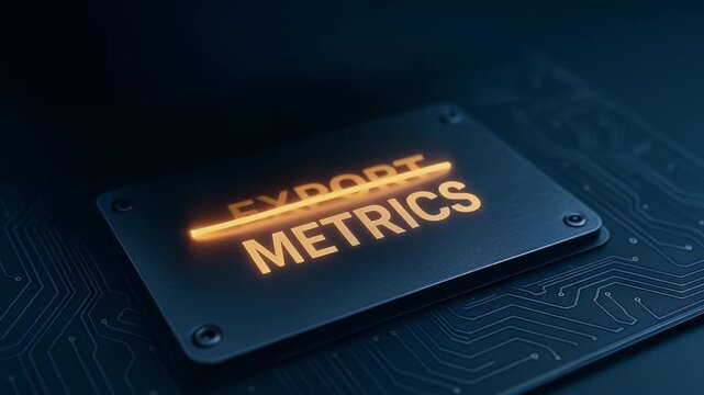 Export metrics glowing on black circuit board with technology concept, illuminated digital data analysis, futuristic business intelligence visualization and high tech digital information processing