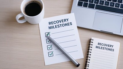 Recovery milestones checklist with pen coffee cup laptop on wooden desk symbolizing progress motivation achievement in calm workspace personal professional recovery goals