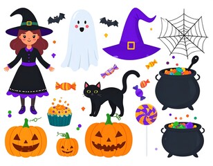 Halloween illustrations include witch, pumpkins, candy, bats, ghost, black cat, and cauldron