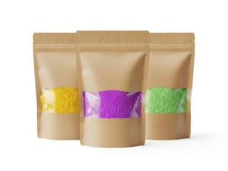Three colored powder bags isolated on white background