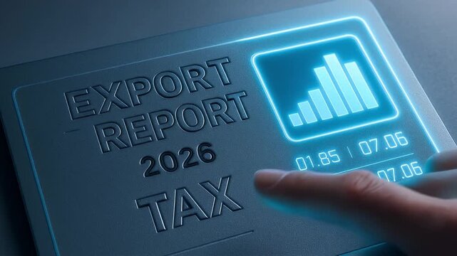 Export report tax 2026 digital finger touch screen data graph business finance technology analysis statistics futuristic interface glowing dashboard financial document bar chart interactive display
