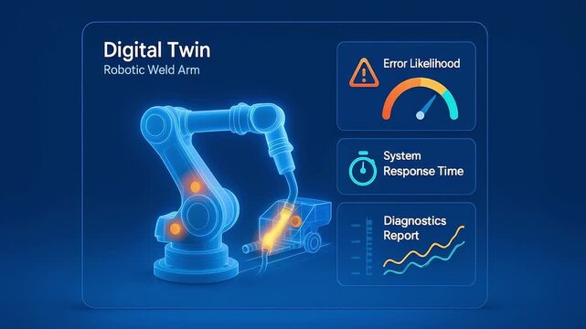Digital twin robotic arm weld system with error likelihood and system response time diagnostics report displayed on futuristic blue interface illustrating advanced industrial technology and automation