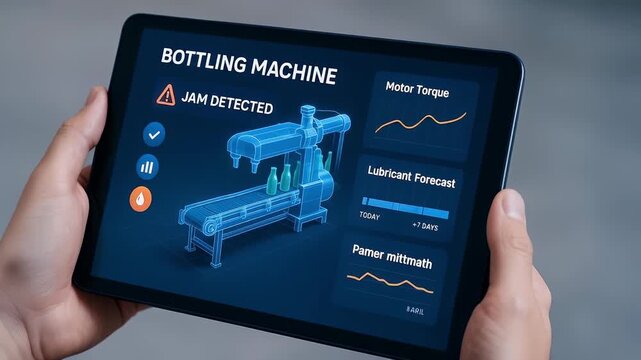Bottling machine jam detected alert on digital tablet screen showing motor torque and lubricant forecast with industrial equipment control interface for efficient factory monitoring