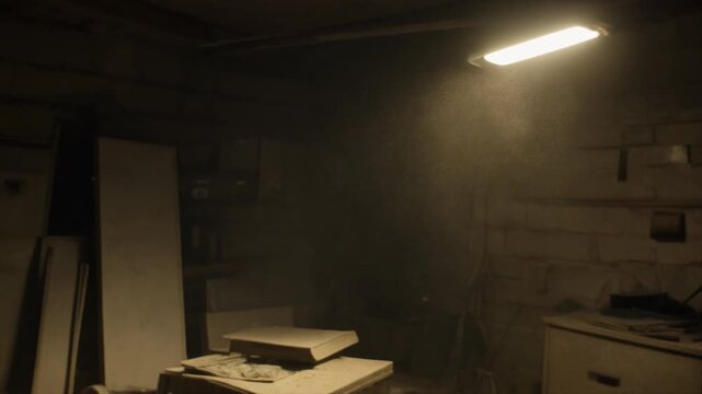 Dimly lit room with furniture and mysterious atmosphere.