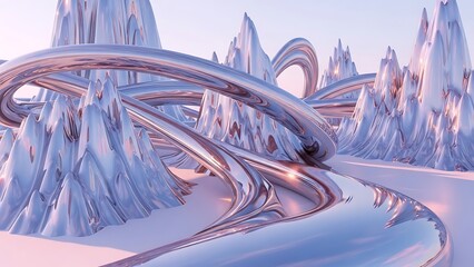 Futuristic Highway Through Icy Landscape Scene.