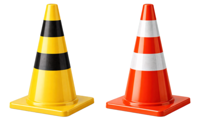Traffic Cones in Yellow Black and Red White for Road Safety on Black Background, generative ai
