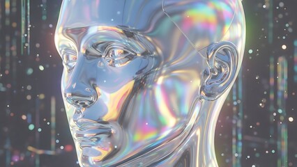 Futuristic Humanoid Head with Holographic Surface.