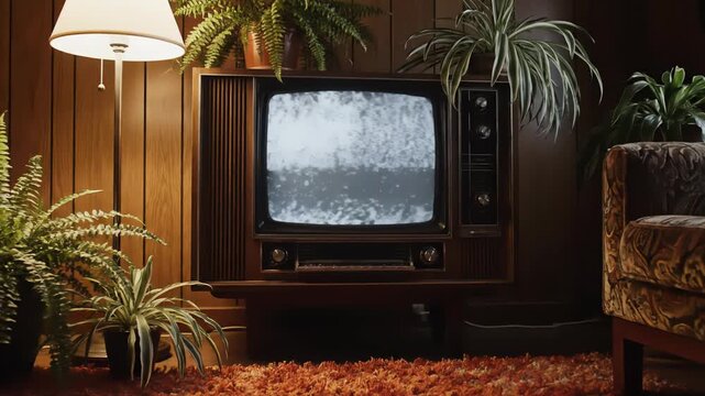 A cozy, retro living room setup featuring a vintage television broadcasting static, surrounded by vibrant green plants and warm textured furnishings.