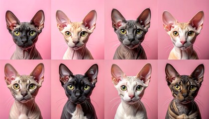 Eight sphynx cats with diverse fur shades pose in four rows against a soft pink backdrop, face-on, with large ears