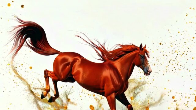 Majestic chestnut horse with flowing fiery mane and tail powerfully rears up amidst golden dust splashes in dynamic artistic rendering
