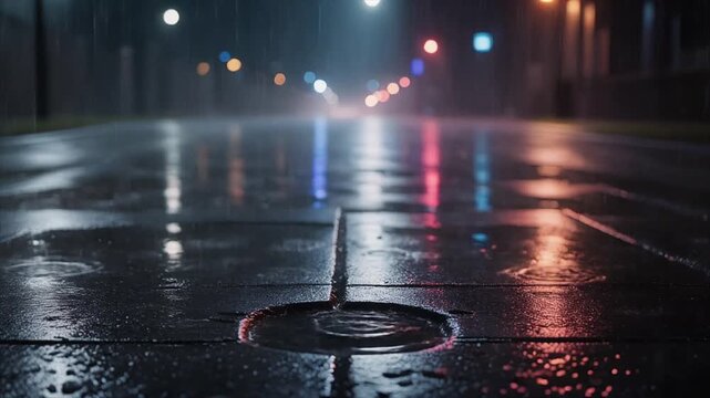 Wet city street at night with manhole cover and reflections.