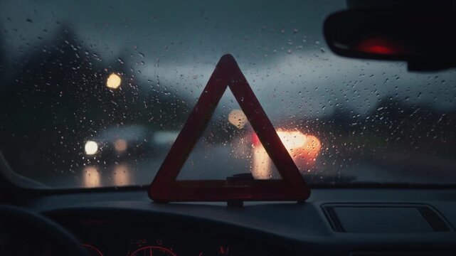 Car breakdown on a rainy night with warning triangle visible.