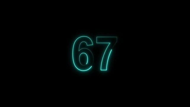 neon number 67 glowing on a black background, digital countdown timer element, vibrant futuristic typography	
